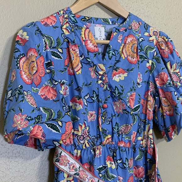 Joie Women’s Baja Blue Floral Puff Sleeve Mini Dress With Belt Summer Chic 4 - Picture 2 of 8